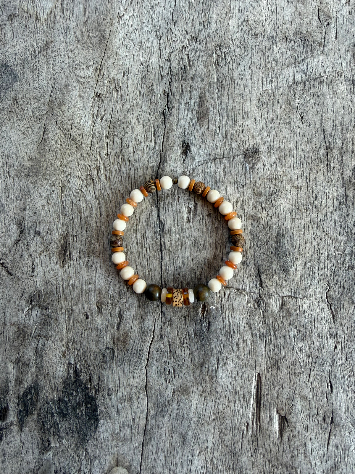 Petra Bracelet - Fossil / Gold Silk Sandalwood / Olive Walnut / Orange Aventurine / Amber / Sunstone / Bodhi Seed
