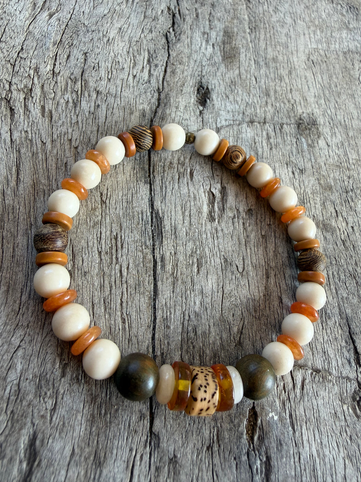 Petra Bracelet - Fossil / Gold Silk Sandalwood / Olive Walnut / Orange Aventurine / Amber / Sunstone / Bodhi Seed