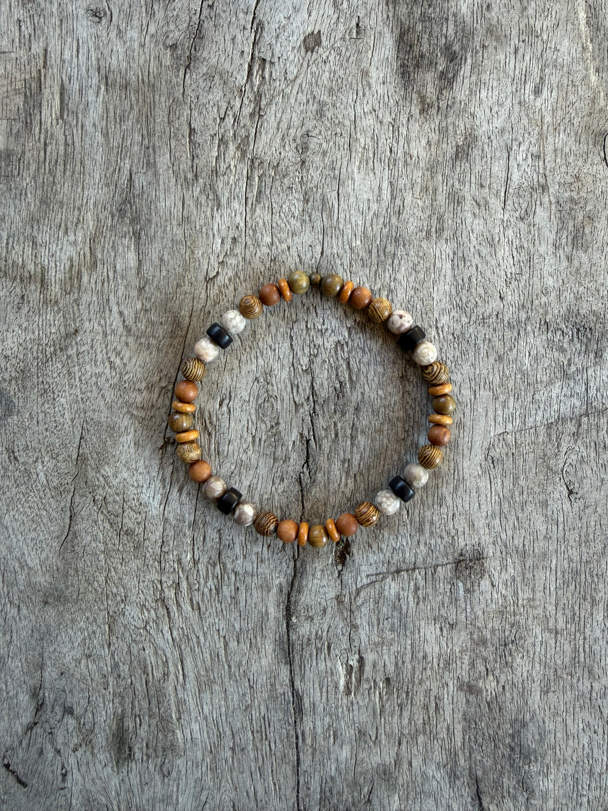 Petra Bracelet - Gold Silk Sandalwood / Maifanite / Natural Wooden Beads