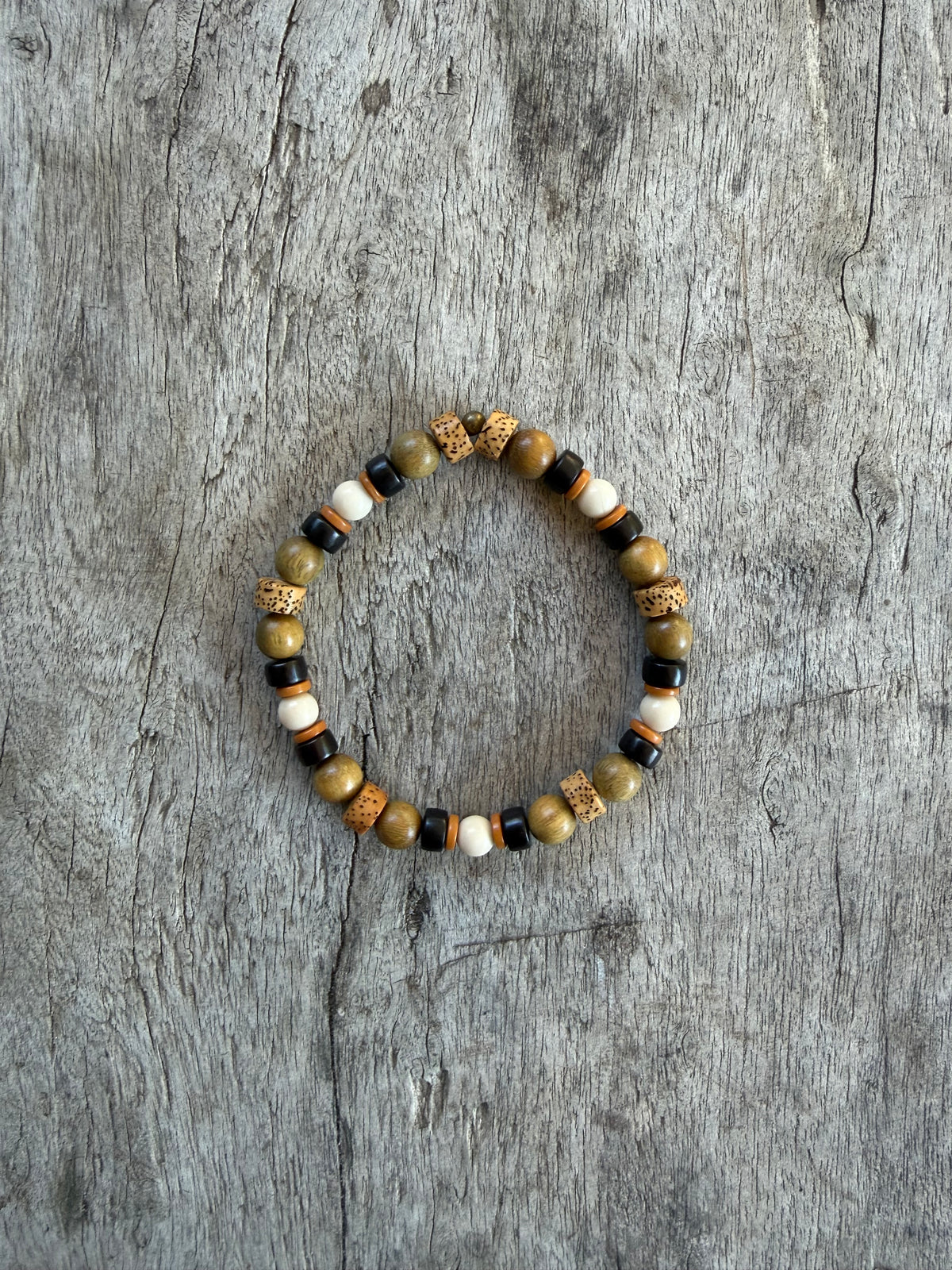 Petra Bracelet - Gold Silk Sandalwood / Bodhi Beads / Olive Walnut / Fossil