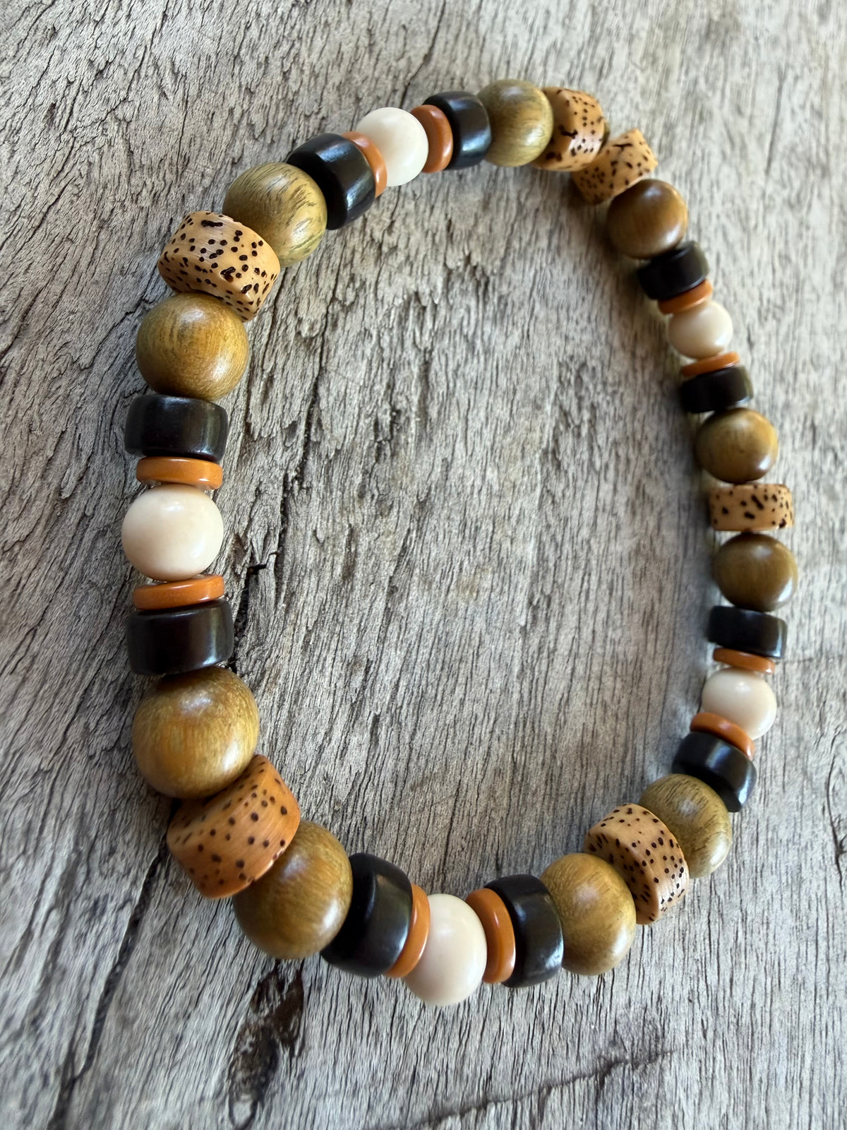 Petra Bracelet - Gold Silk Sandalwood / Bodhi Beads / Olive Walnut / Fossil