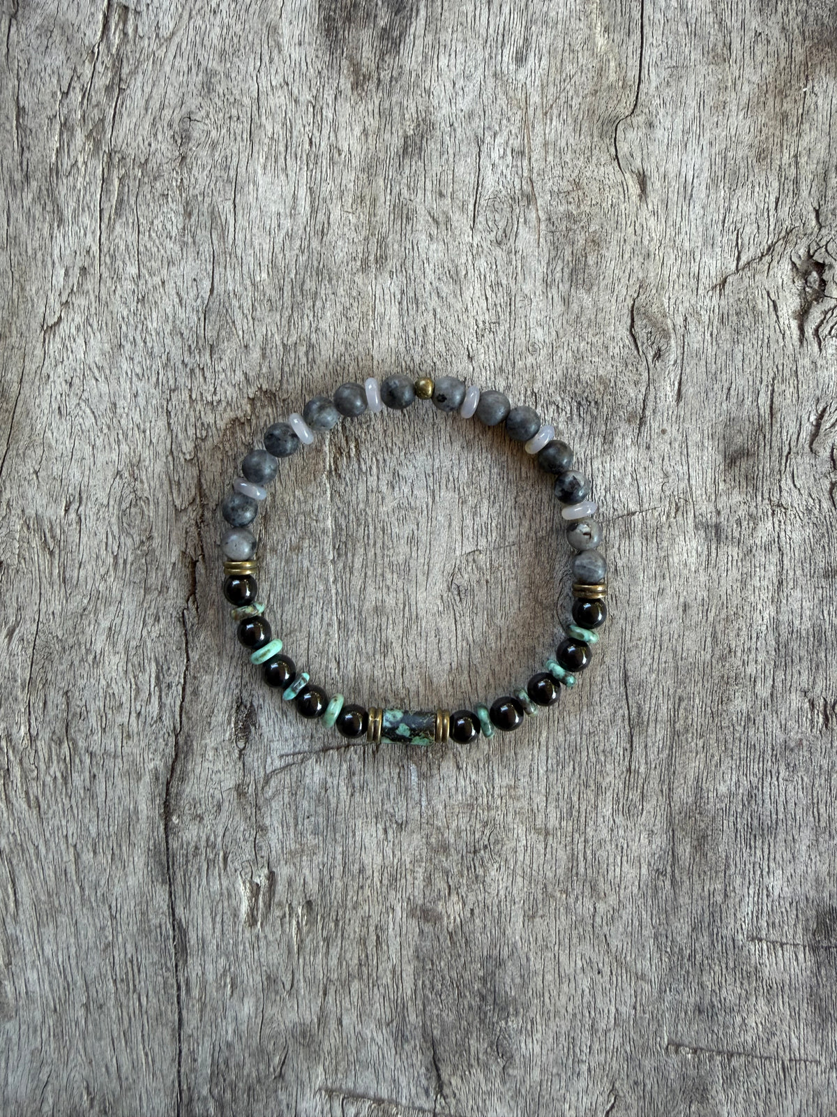 Petra Bracelet - Larvikite / Black Tourmaline / African Turquoise / Grey Agate