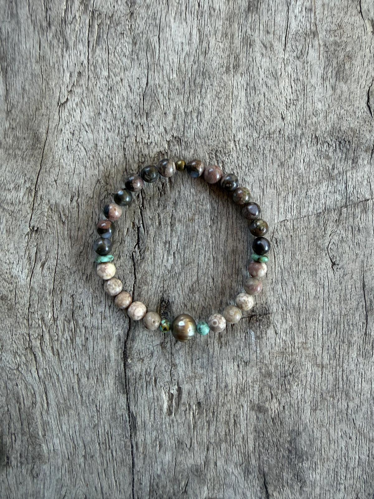 Petra Bracelet - Glaucophane / Maifanite / African Turquoise + Black Pearl
