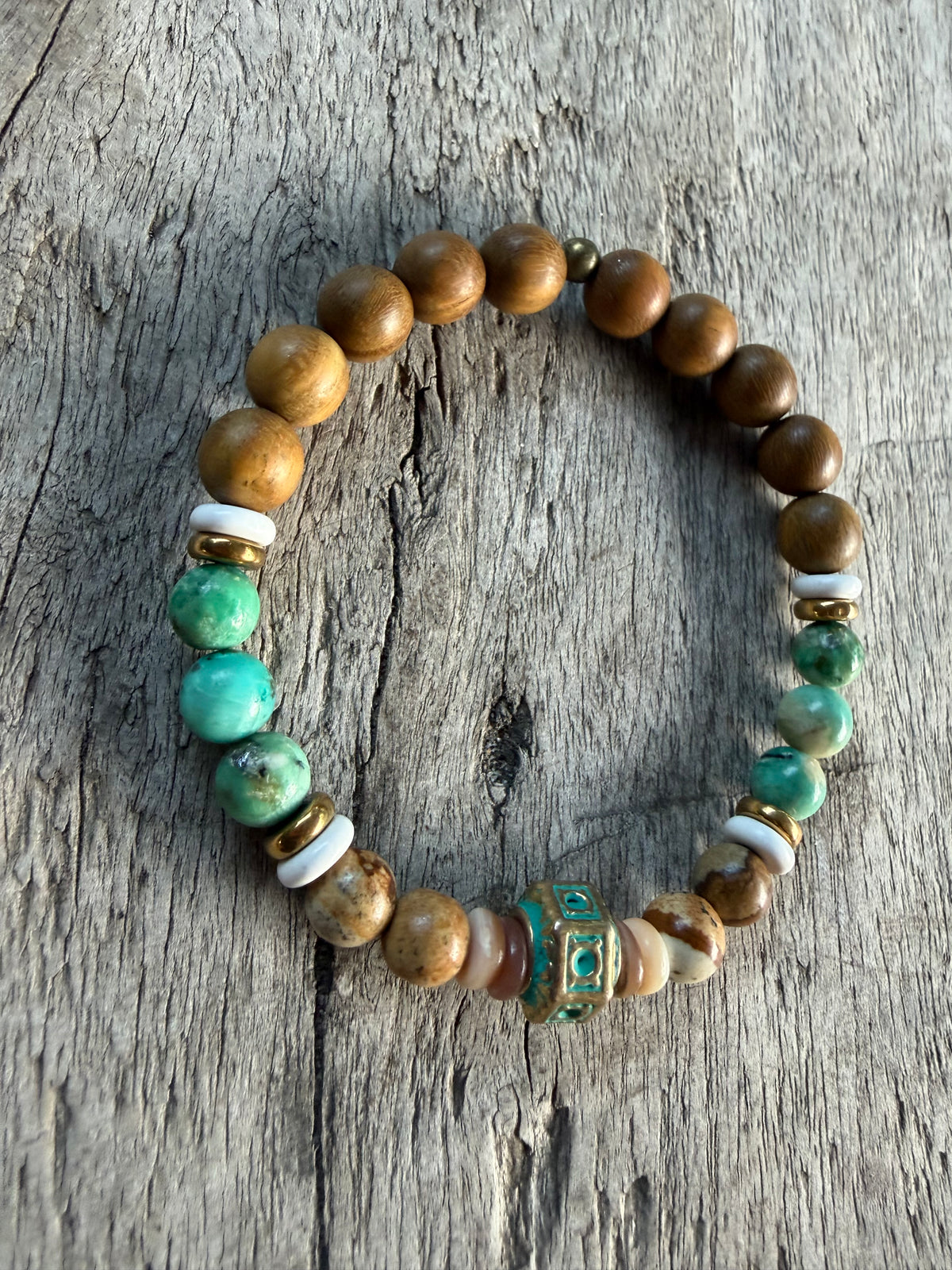 Petra Bracelet - Sandalwood / Peruvian Turquoise / Picture Jasper / Shell