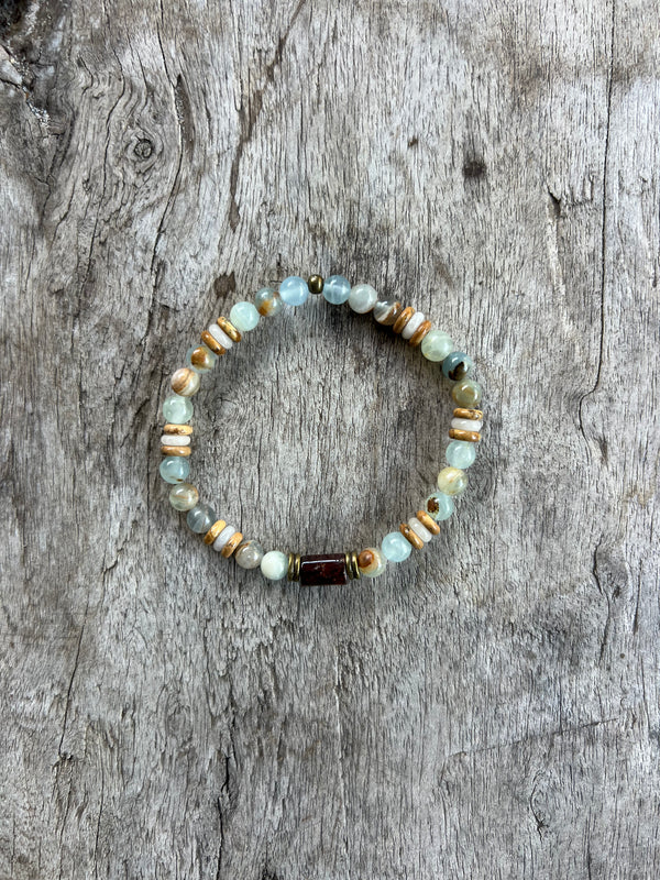 Petra Bracelet - Blue Argentinian Calcite / Picture Jasper / Amazonite / Hessonite Garnet