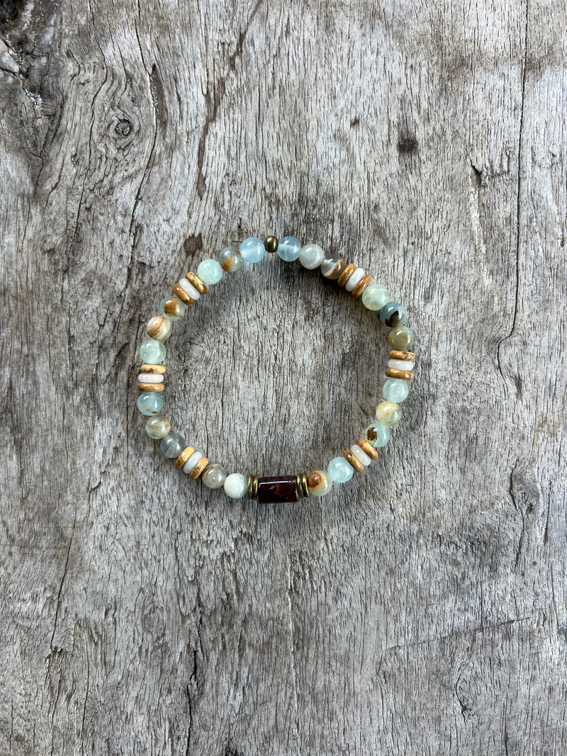 Petra Bracelet - Blue Argentinian Calcite / Picture Jasper / Amazonite / Hessonite Garnet