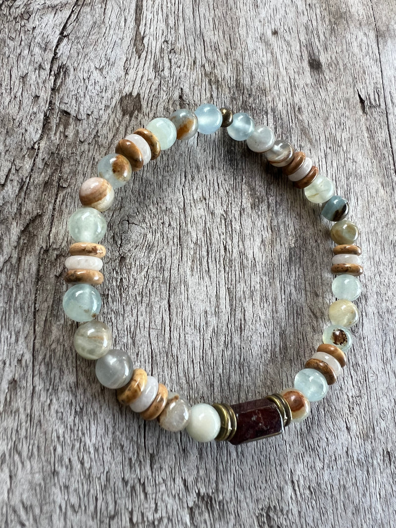 Petra Bracelet - Blue Argentinian Calcite / Picture Jasper / Amazonite / Hessonite Garnet