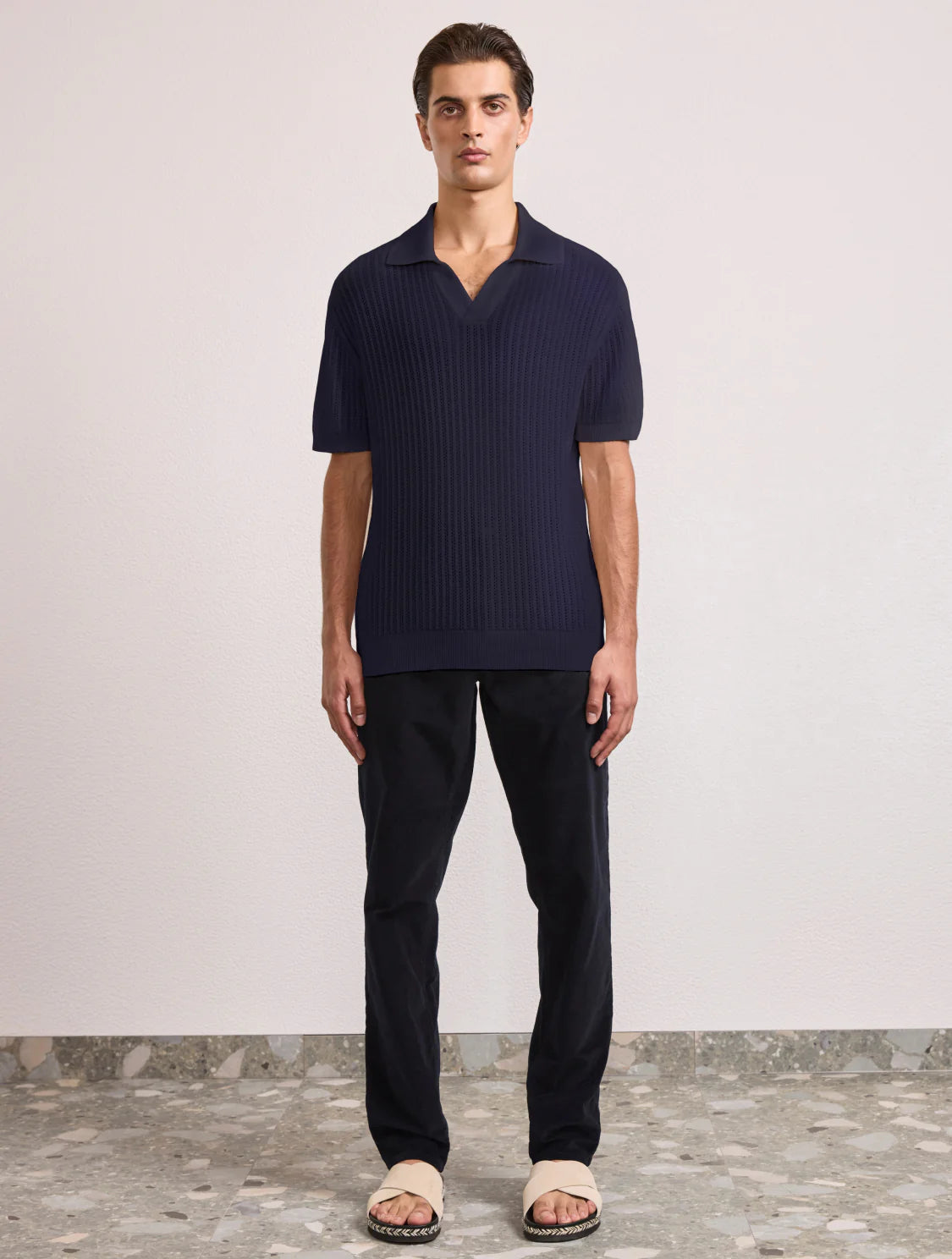 RINO CHAIN STITCH KNIT POLO - NAVY