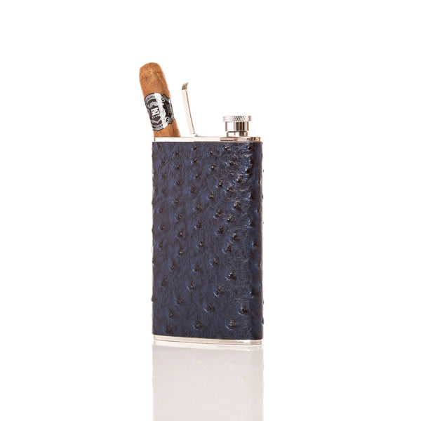 The Wingman Flask & Cigar Holder: Blue Ostrich Leather