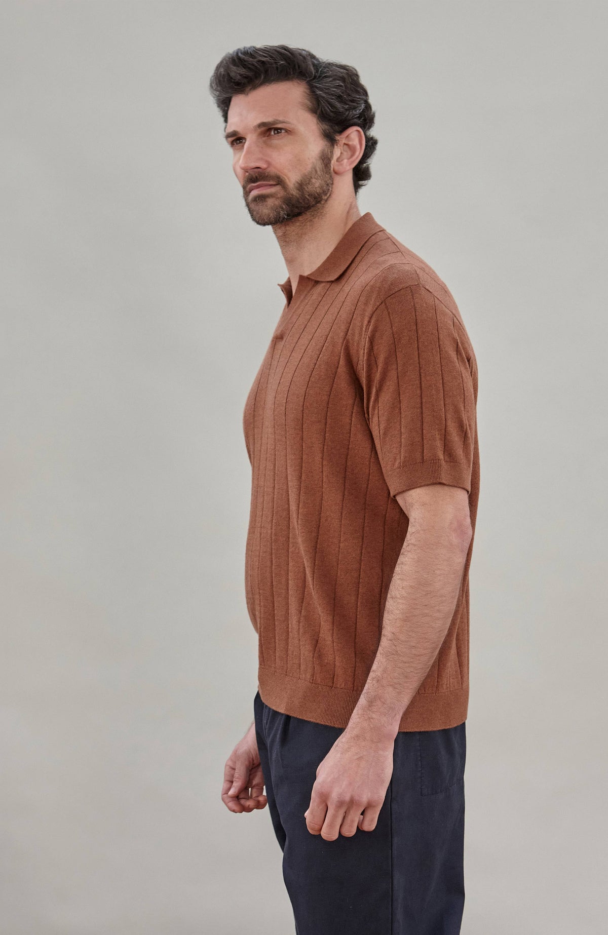 Mens Ultra Fine Cotton Knit Buttonless Polo - Russet