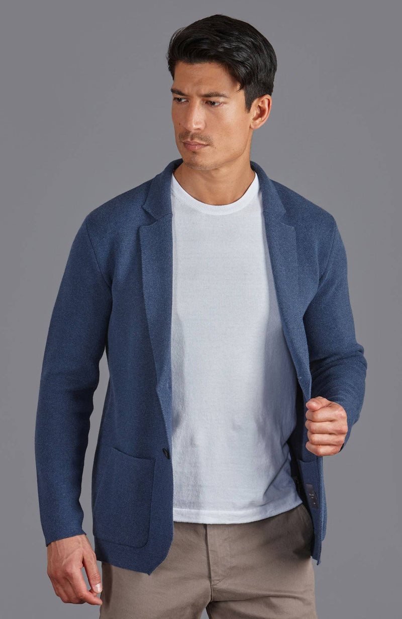 Midweight Cotton Deconstructed Knitted Blazer Blue Melange